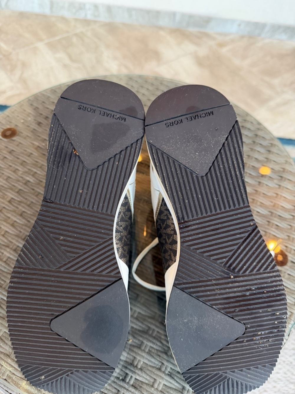 Michael Kors White Sneakers with Brown Logo Panels and Gold Accents - Picture 7 of 7